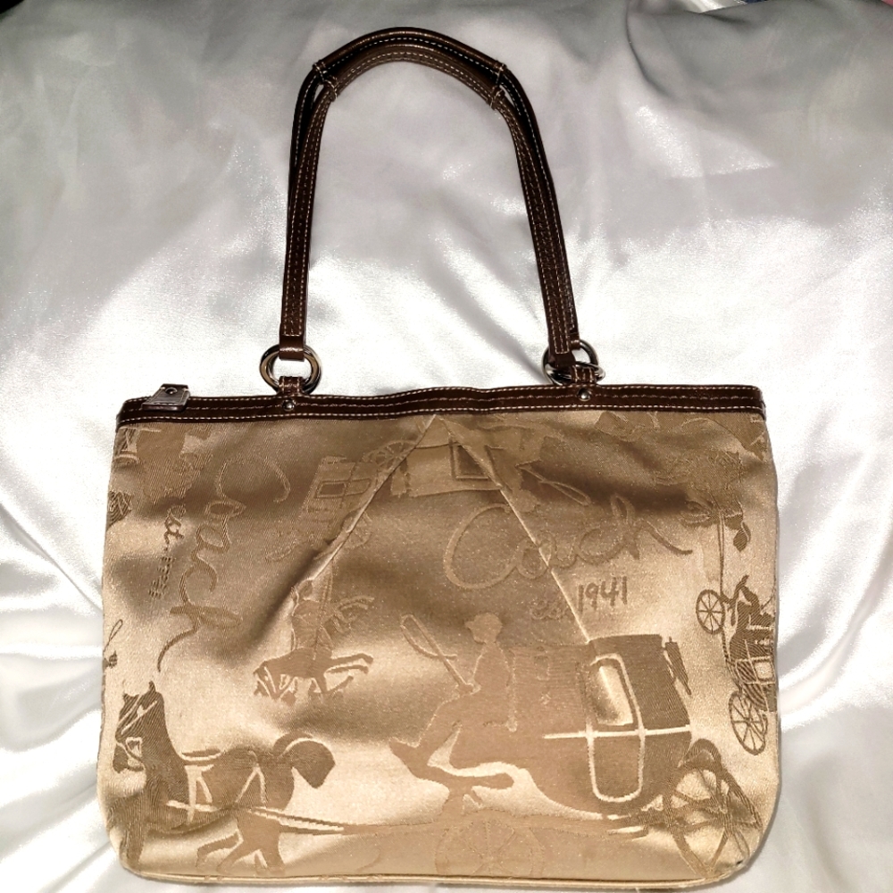 COACH Signature Khaki Satin Horse Carriage Brown Leather Tote (F14482)
